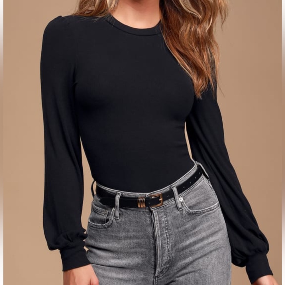 Lulus Irene Black Ribbed Balloon Sleeve Top